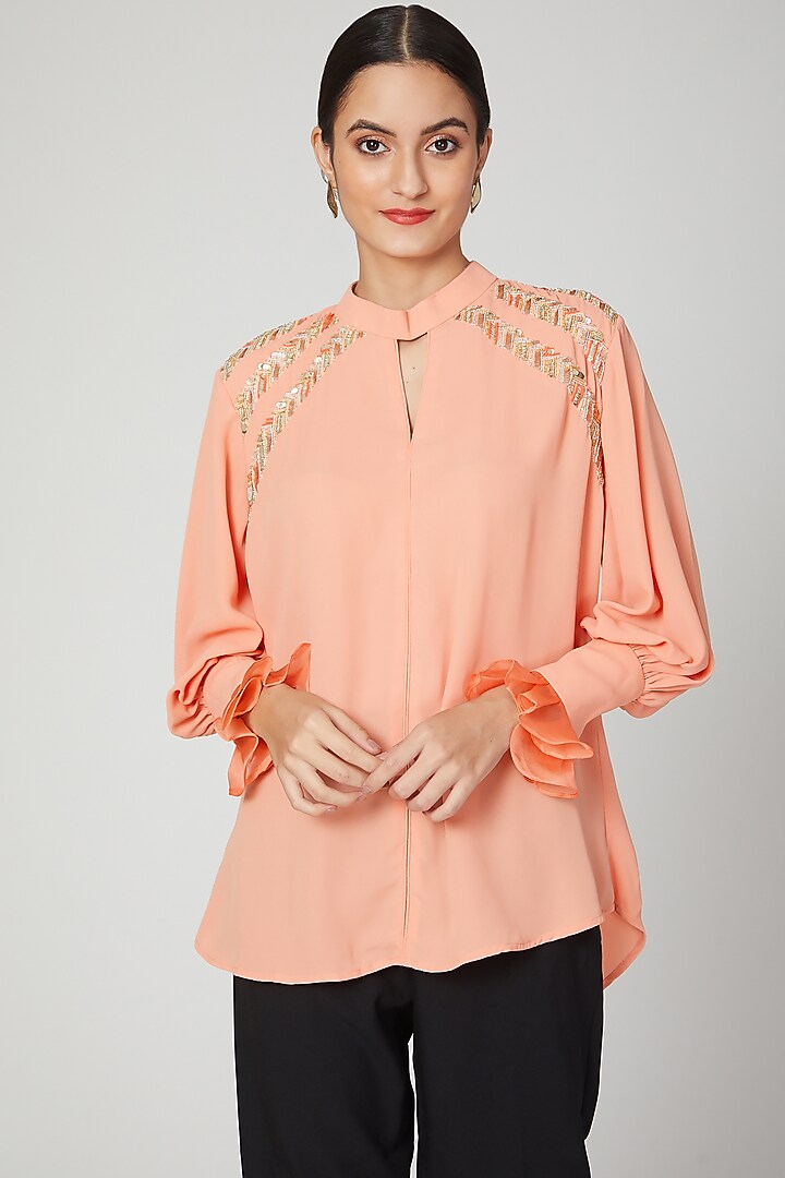 Peach Aari Work Embroidered Top by Tamaraa By Tahani at Pernia's Pop Up Shop