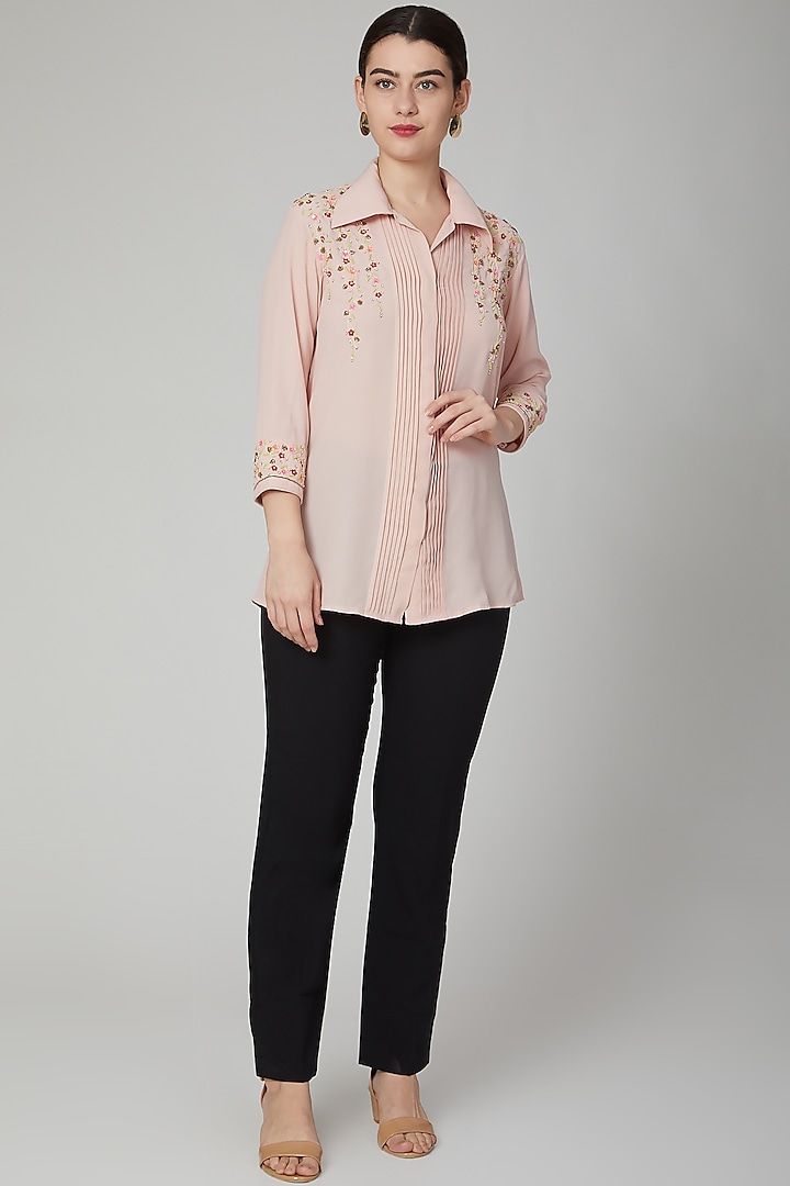 Blush Pink Aari Embroidered Shirt by Tamaraa By Tahani