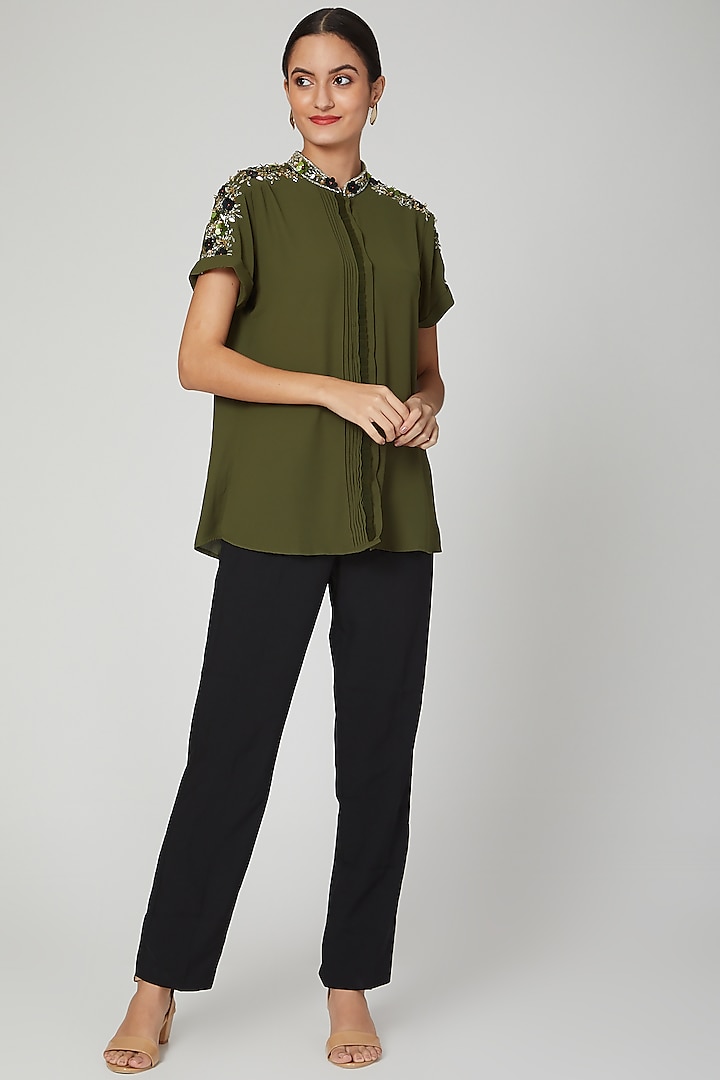 Olive Green Aari Embroidered Shirt by Tamaraa By Tahani at Pernia's Pop Up Shop