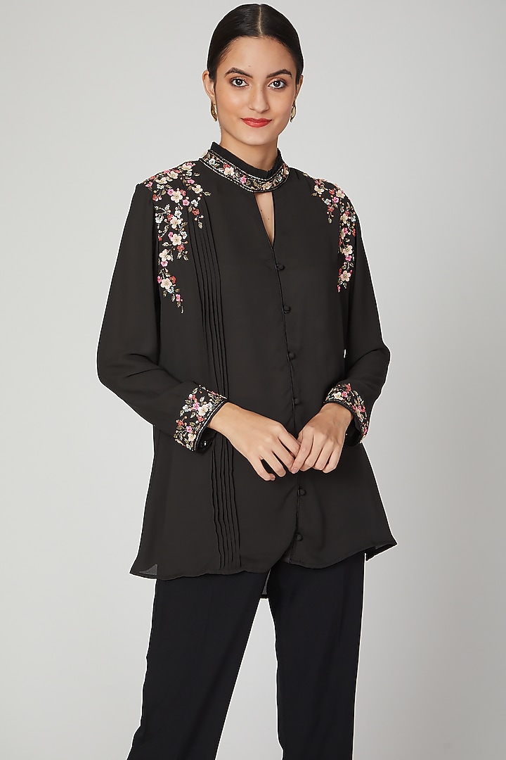 Black Aari Work Embroidered Top by Tamaraa By Tahani at Pernia's Pop Up Shop