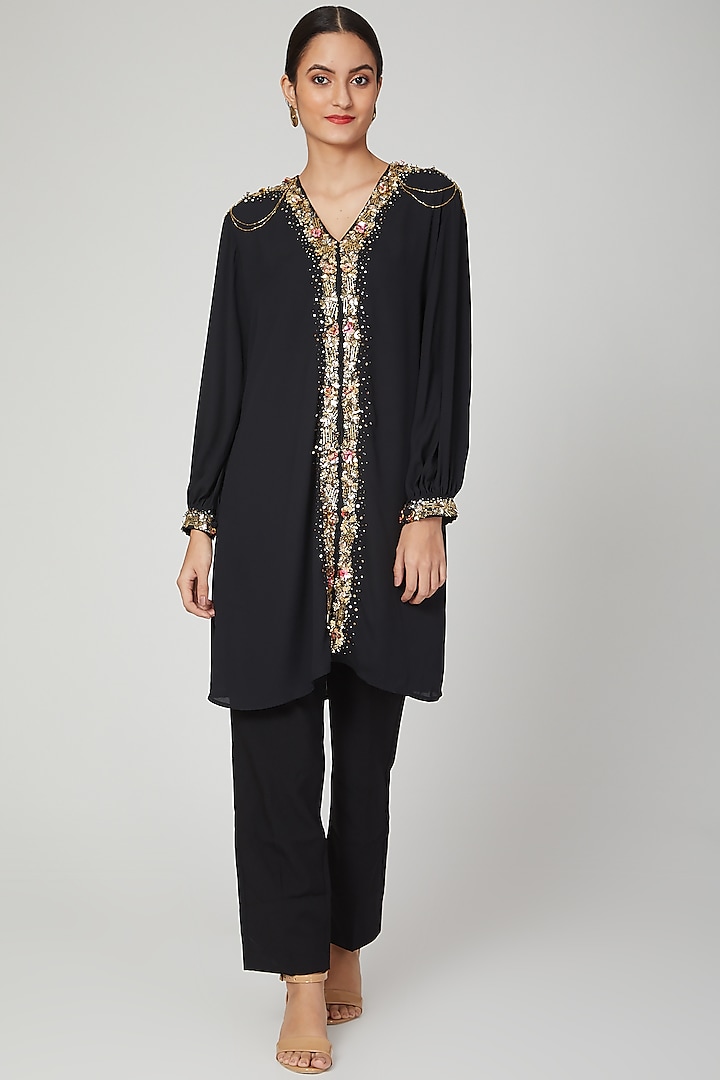 Black Aari Embroidered Tunic Dress by Tamaraa By Tahani
