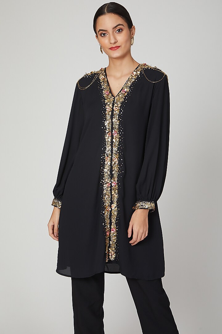 Black Aari Embroidered Tunic Dress by Tamaraa By Tahani at Pernia's Pop Up Shop