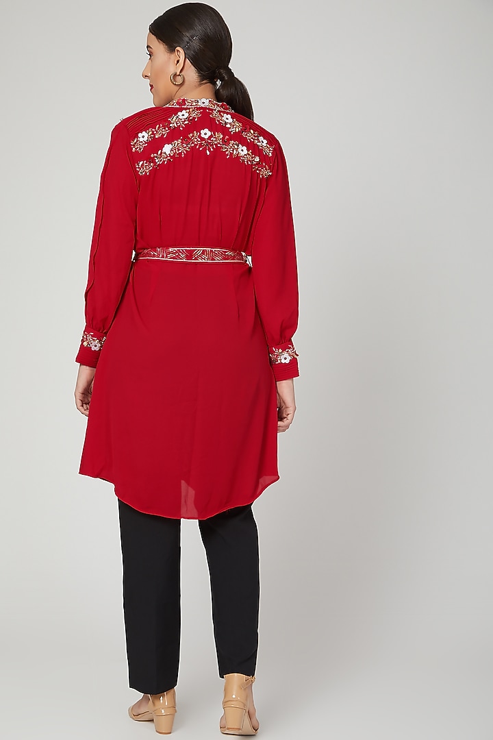 Red Aari Work Embroidered Tunic Dress by Tamaraa By Tahani at Pernia's Pop Up Shop