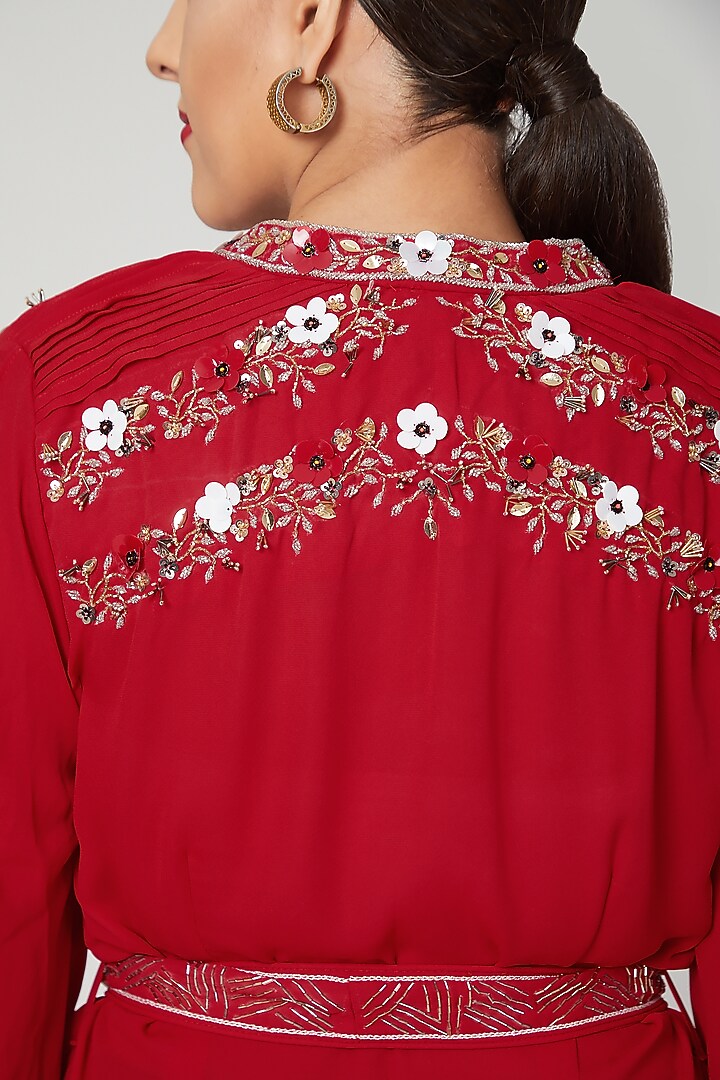 Red Aari Work Embroidered Tunic Dress by Tamaraa By Tahani at Pernia's Pop Up Shop