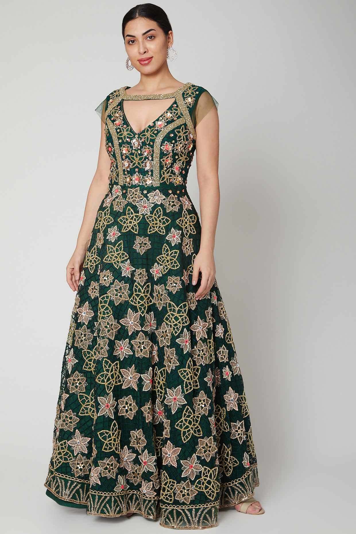 Emerald Green Aari Work Embroidered Gown by Tamaraa By Tahani