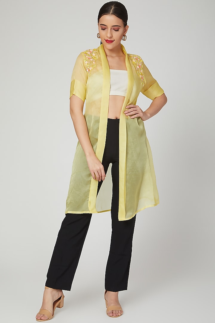 Yellow Sheer Embroidered Jacket by Tamaraa By Tahani