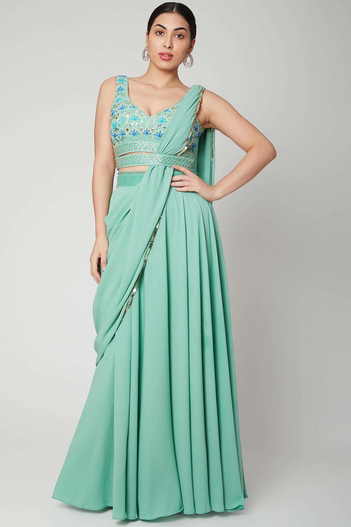 Mint Green Embroidered Draped Lehenga Set Design by Tamaraa By Tahani ...