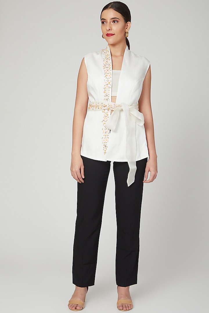 White Floral Embroidered Jacket by Tamaraa By Tahani