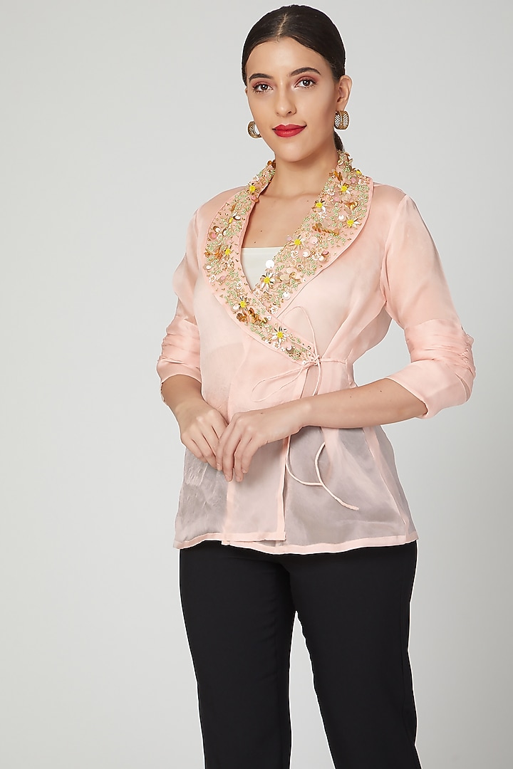 Blush Pink Embroidered Wrap Jacket by Tamaraa By Tahani at Pernia's Pop Up Shop