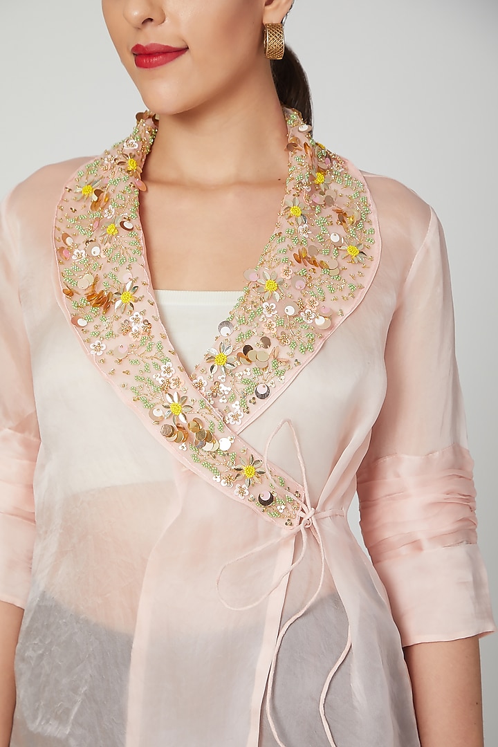 Blush Pink Embroidered Wrap Jacket by Tamaraa By Tahani at Pernia's Pop Up Shop