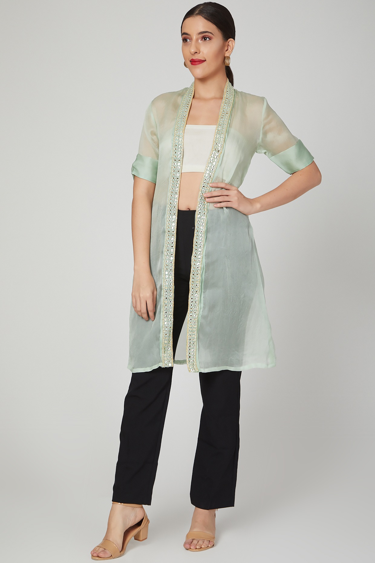 Mint Green Embroidered Sheer Jacket 