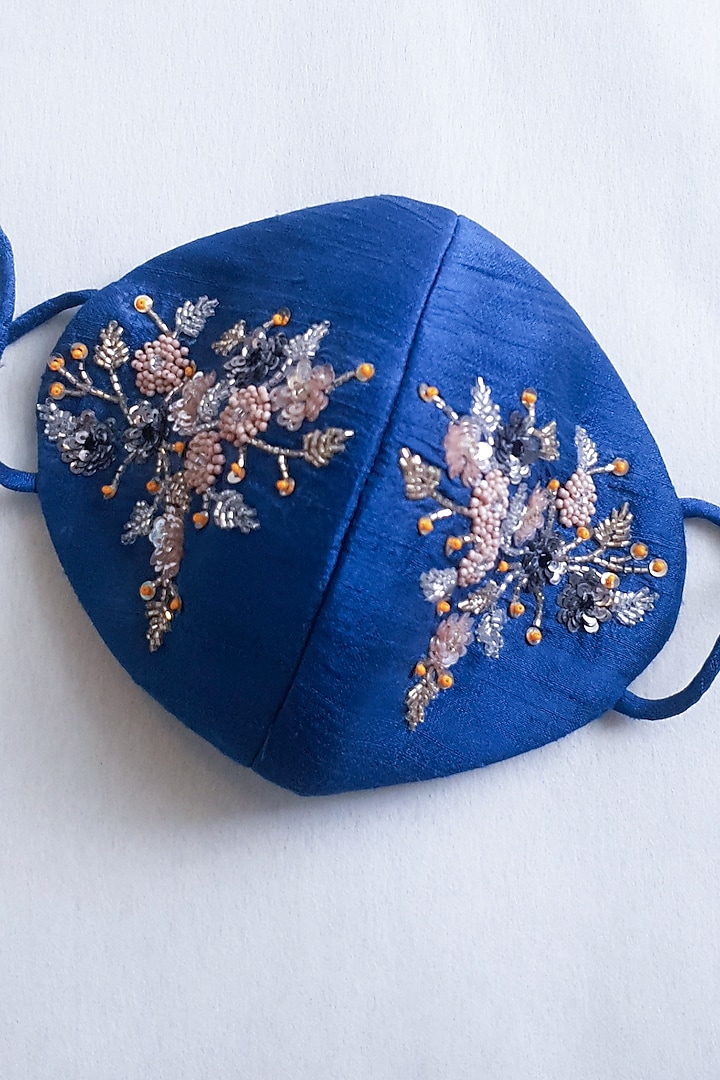 Blue Embellished Layered Mask With Pouch by Tamaraa By Tahani