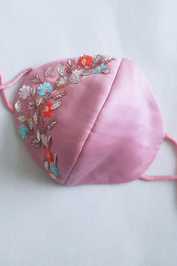 Pink Embellished Layered Mask With Pouch by Tamaraa By Tahani