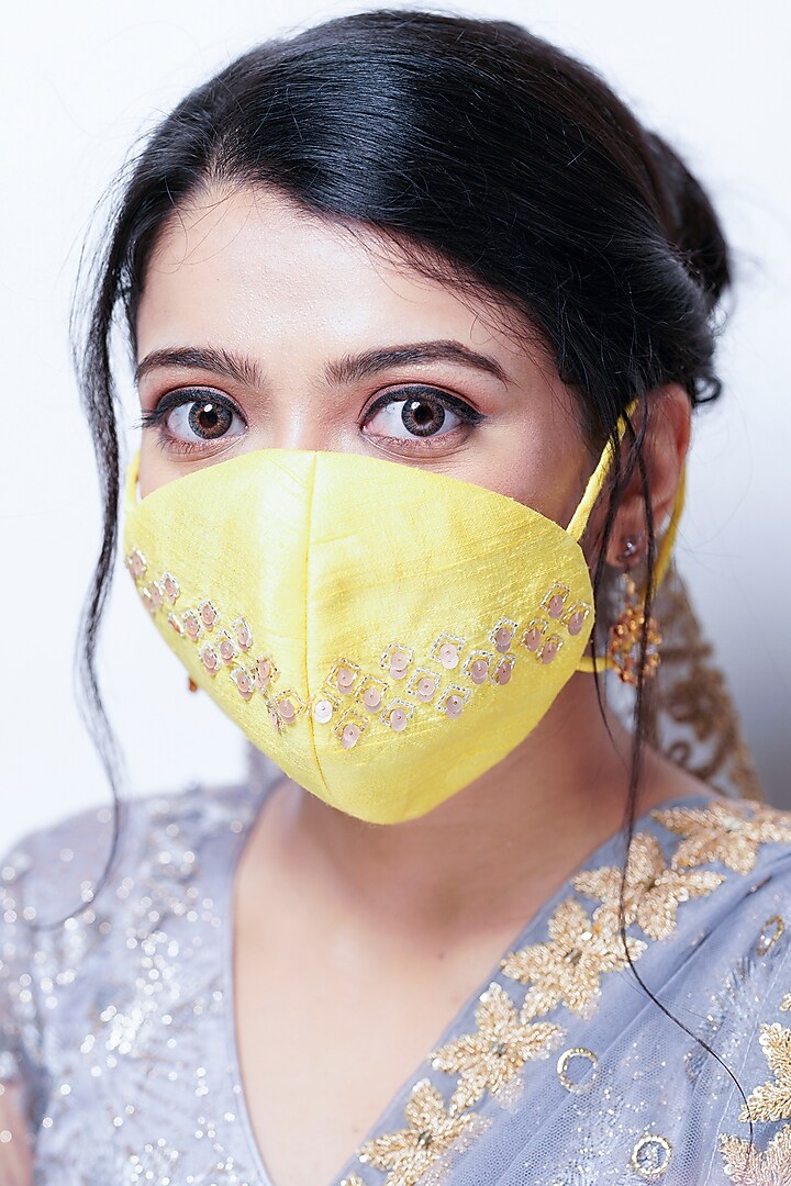 Yellow Floral Embellished Layered Mask With Pouch by Tamaraa By Tahani at Pernia's Pop Up Shop