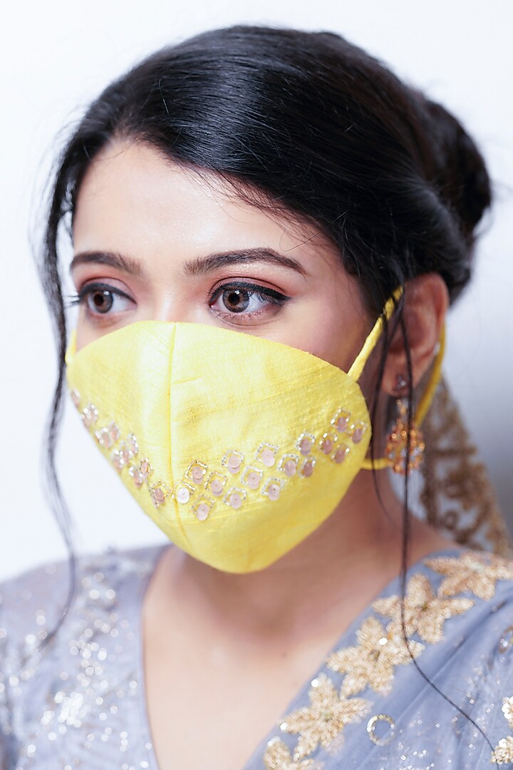 Yellow Floral Embellished Layered Mask With Pouch by Tamaraa By Tahani at Pernia's Pop Up Shop