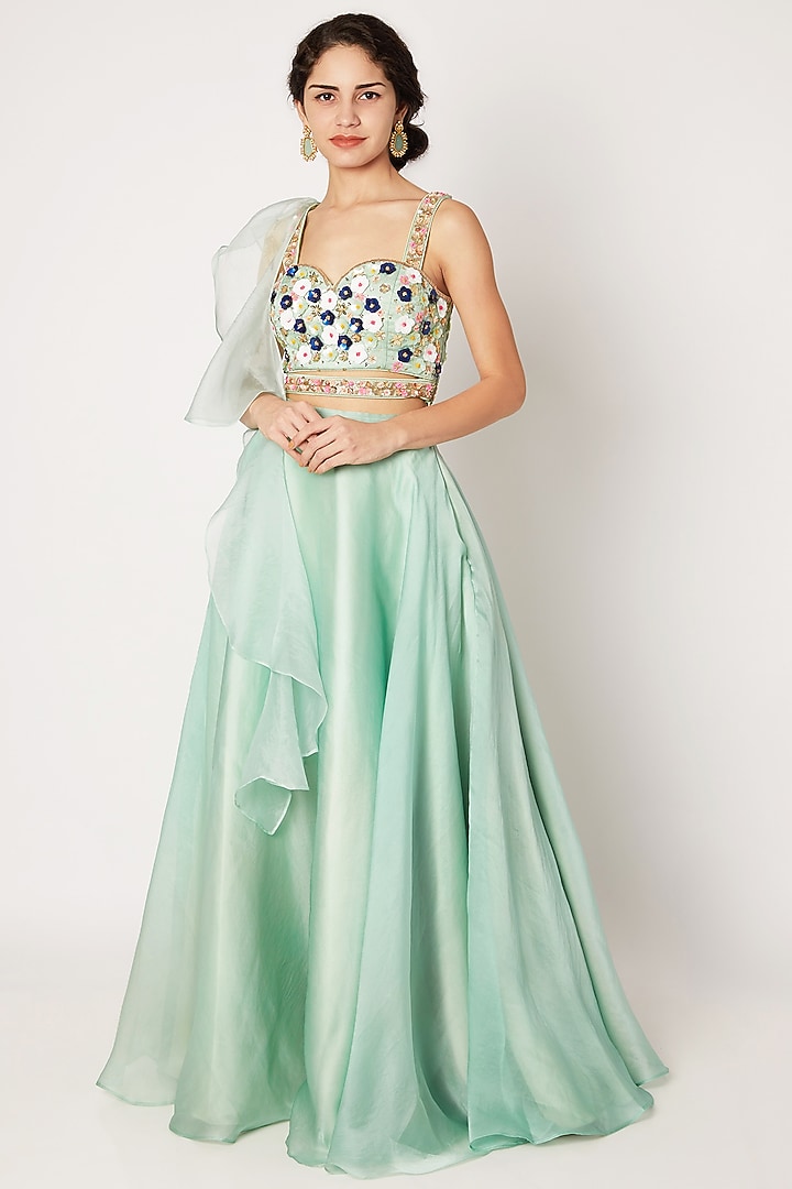 Sage Green Embroidered Wedding Lehenga Set by Tamaraa By Tahani at Pernia's Pop Up Shop