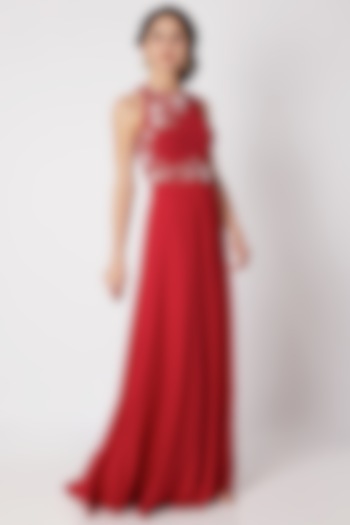 Red Floral Embroidered Cross-Back Party Wear Gown by Tamaraa By Tahani at Pernia's Pop Up Shop