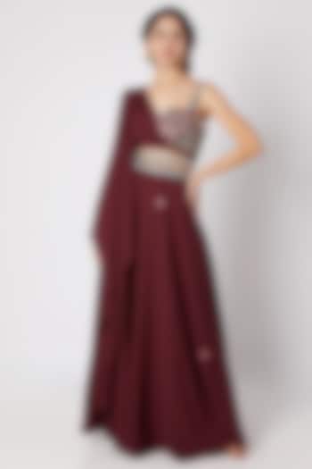 Wine Embroidered Bustier With Lehenga by Tamaraa By Tahani