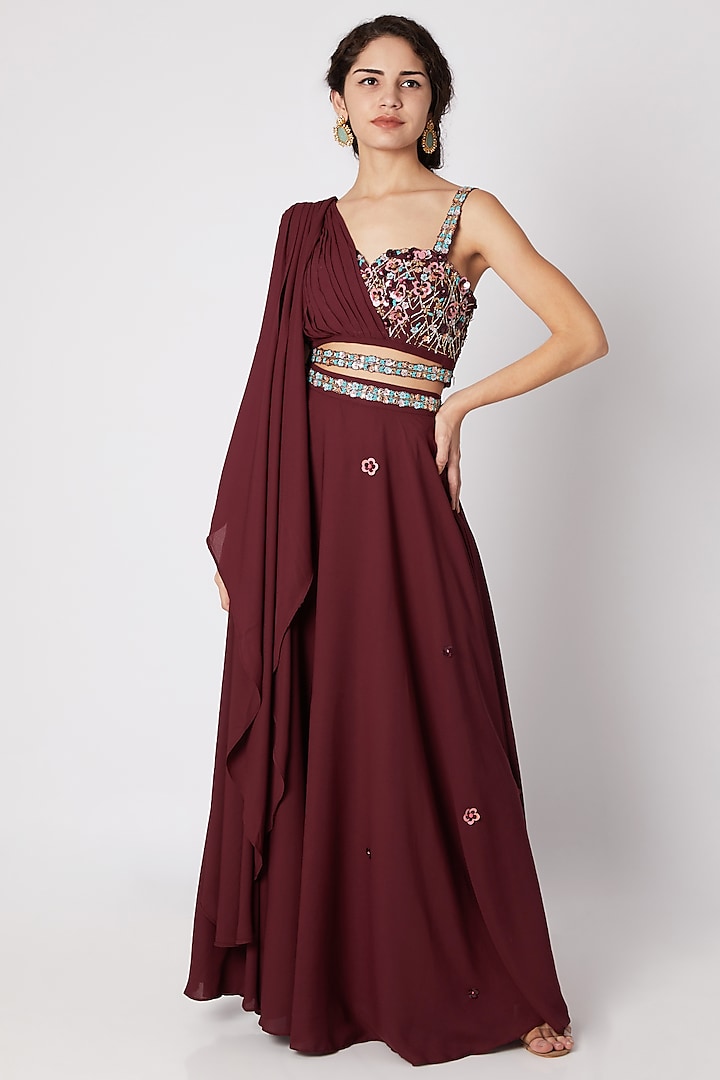 Wine Embroidered Bustier With Lehenga by Tamaraa By Tahani