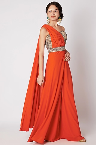 Orange One-Shoulder Drape Jumpsuit by Tamaraa By Tahani
