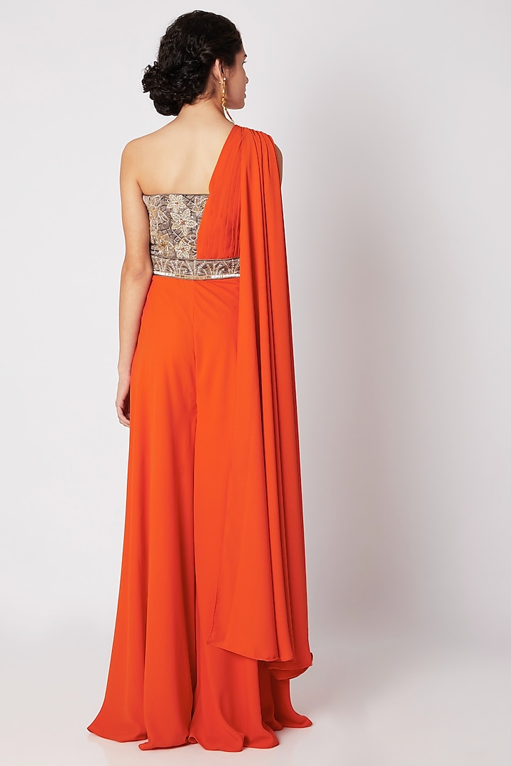 Orange One-Shoulder Drape Jumpsuit by Tamaraa By Tahani at Pernia's Pop Up Shop