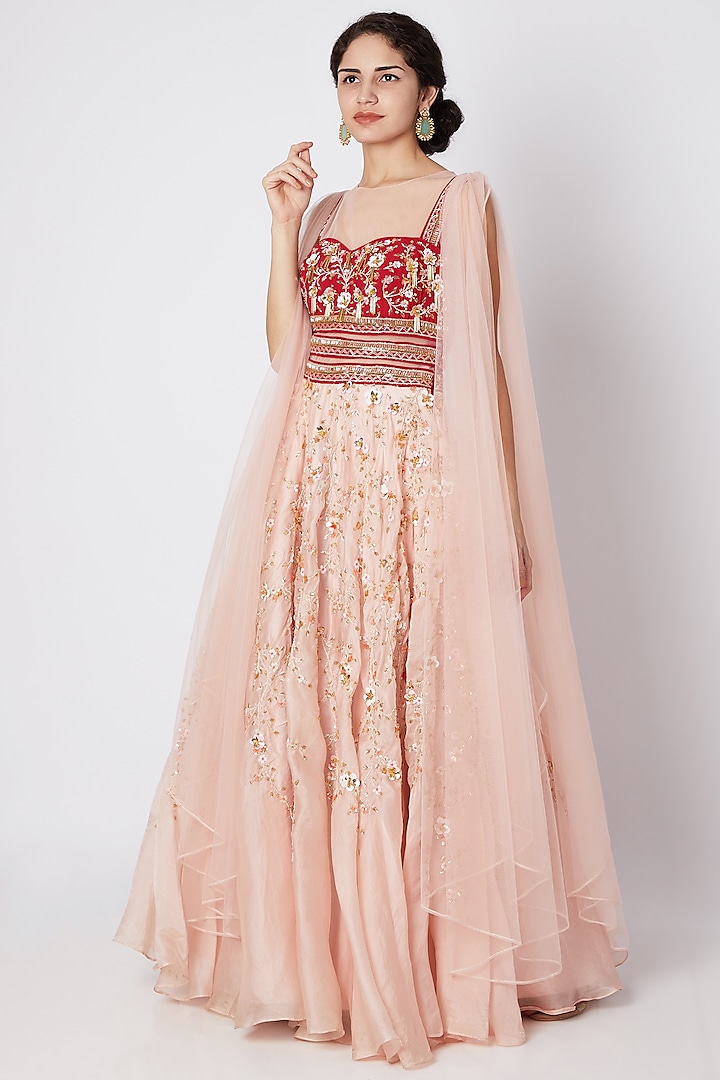 Pink & Red Embroidered Draped Gown by Tamaraa By Tahani