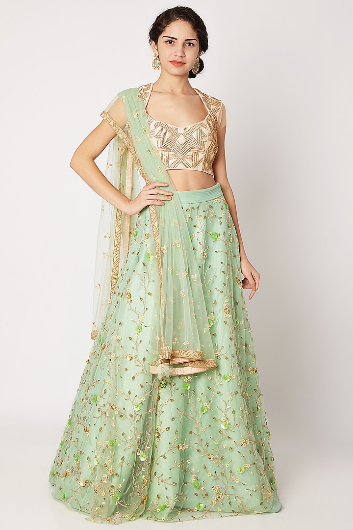 Beige & Green Embroidered Lehenga Set With Attached Dupatta by Tamaraa By Tahani
