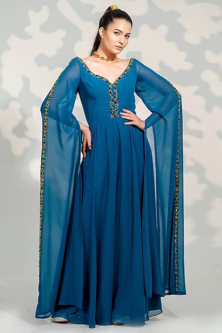 Peacock Blue Georgette Embroidered Jumpsuit by Tamaraa By Tahani