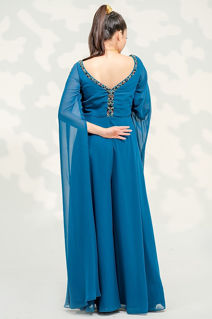 Peacock Blue Georgette Embroidered Jumpsuit by Tamaraa By Tahani at Pernia's Pop Up Shop