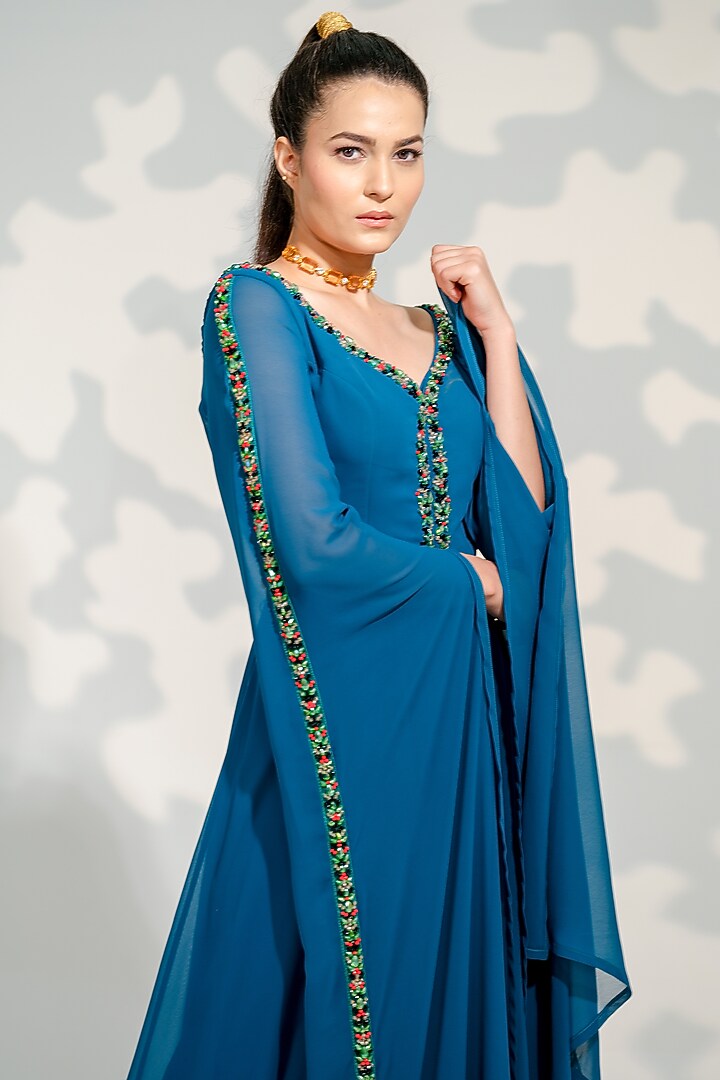Peacock Blue Georgette Embroidered Jumpsuit by Tamaraa By Tahani at Pernia's Pop Up Shop