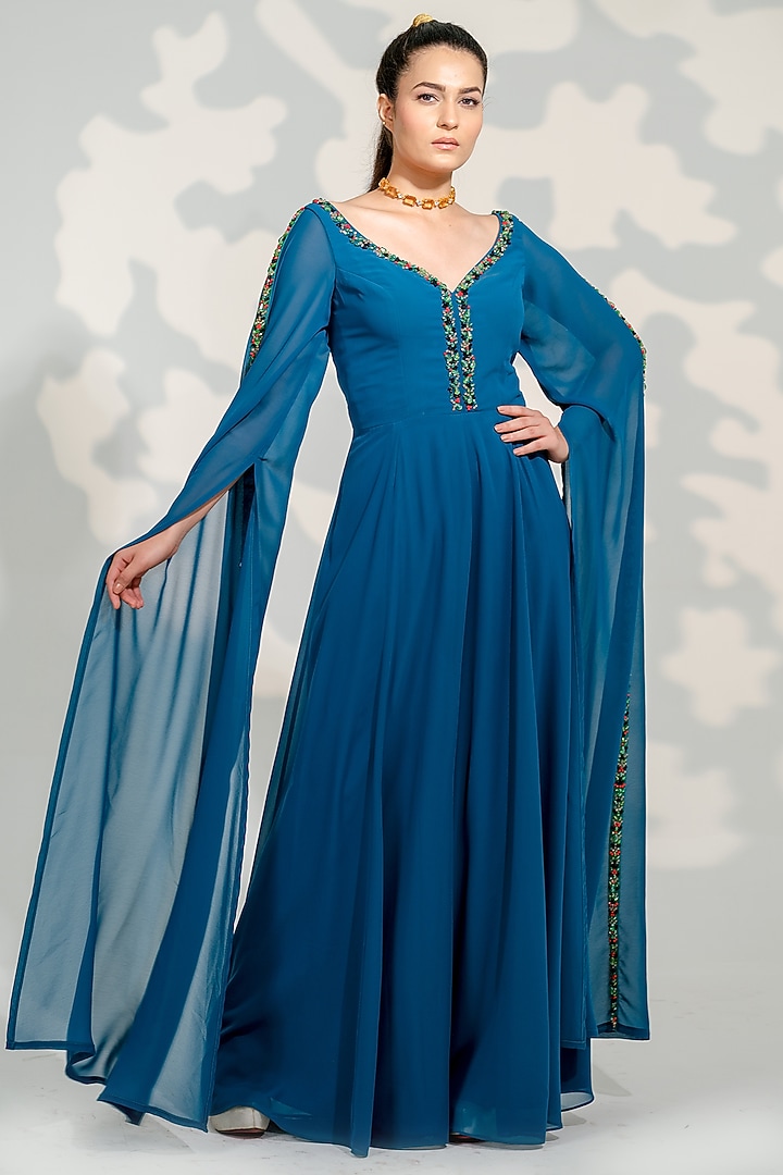 Peacock Blue Georgette Embroidered Jumpsuit by Tamaraa By Tahani at Pernia's Pop Up Shop
