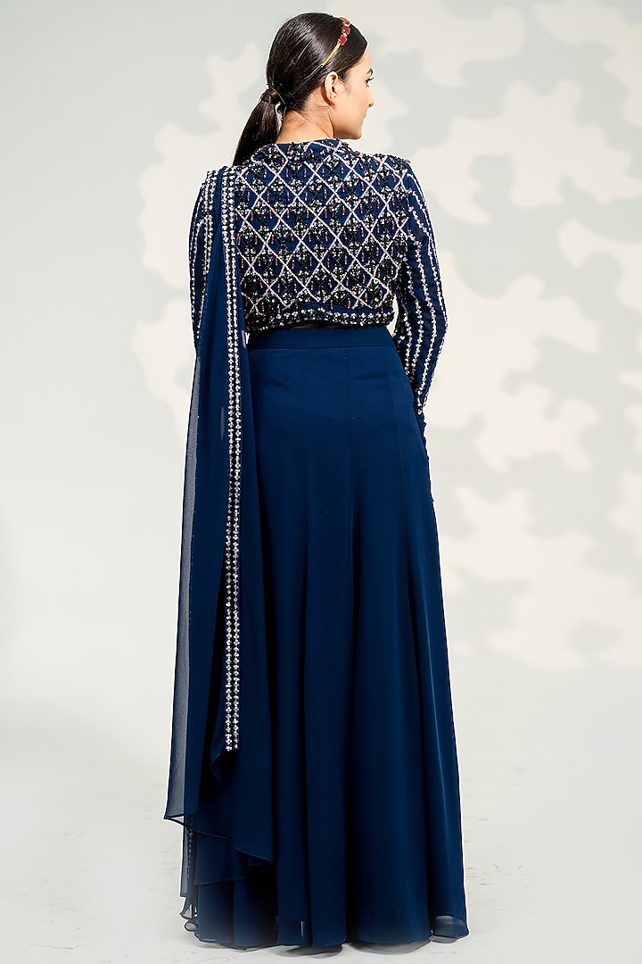 Blue Georgette Wedding Lehenga Saree Set by Tamaraa By Tahani at Pernia's Pop Up Shop