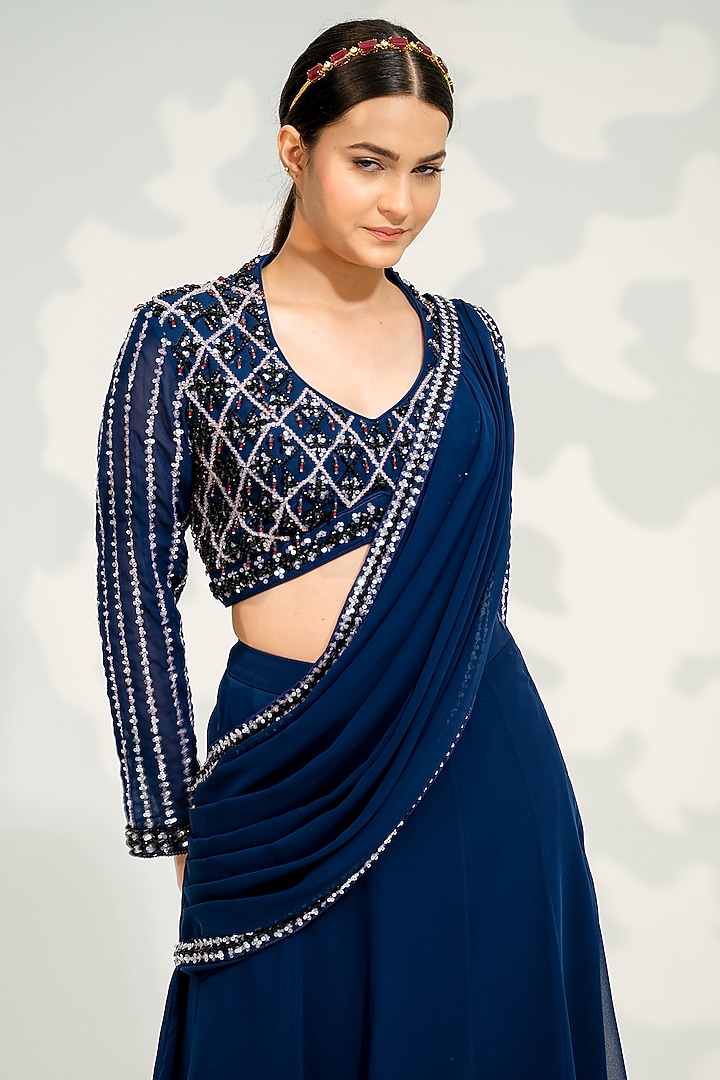 Blue Georgette Wedding Lehenga Saree Set by Tamaraa By Tahani at Pernia's Pop Up Shop