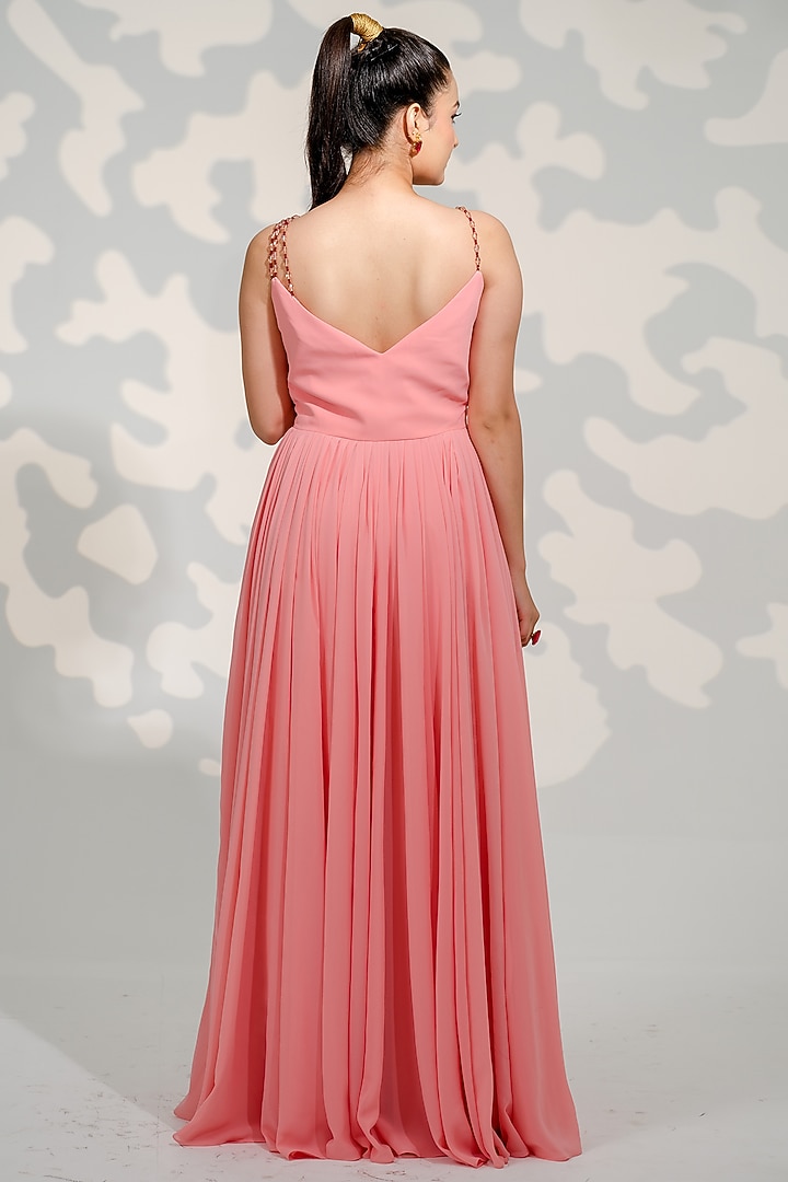 Pink Georgette Hand Embroidered Party Wear Gown by Tamaraa By Tahani at Pernia's Pop Up Shop