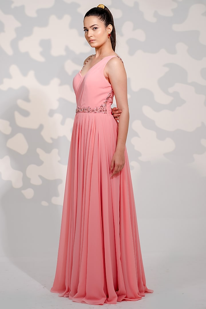 Pink Georgette Hand Embroidered Party Wear Gown by Tamaraa By Tahani at Pernia's Pop Up Shop