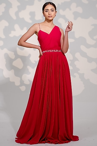 Hot Pink Georgette Hand Embroidered Gown by Tamaraa By Tahani
