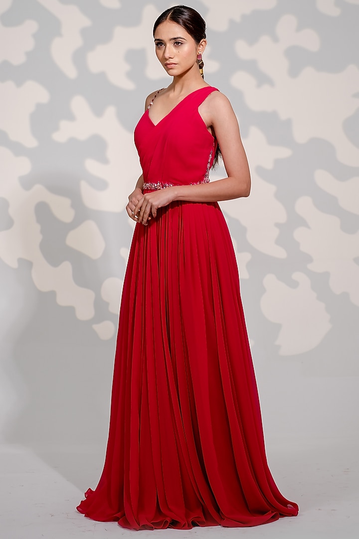 Hot Pink Georgette Hand Embroidered Party Wear Gown by Tamaraa By Tahani at Pernia's Pop Up Shop