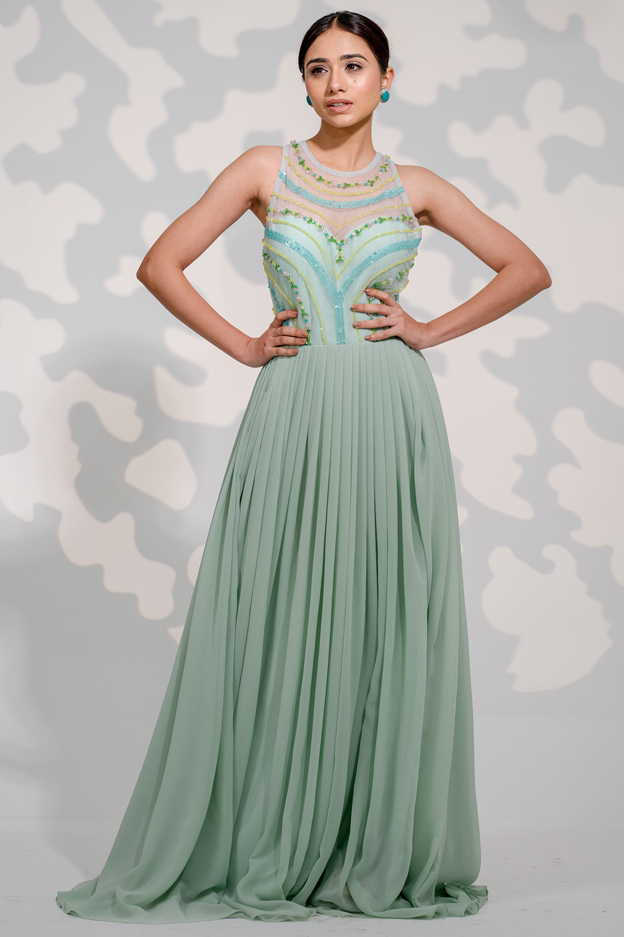 Mint Green Georgette Embroidered Gown by Tamaraa By Tahani