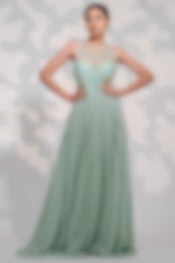 Mint Green Georgette Embroidered Gown by Tamaraa By Tahani