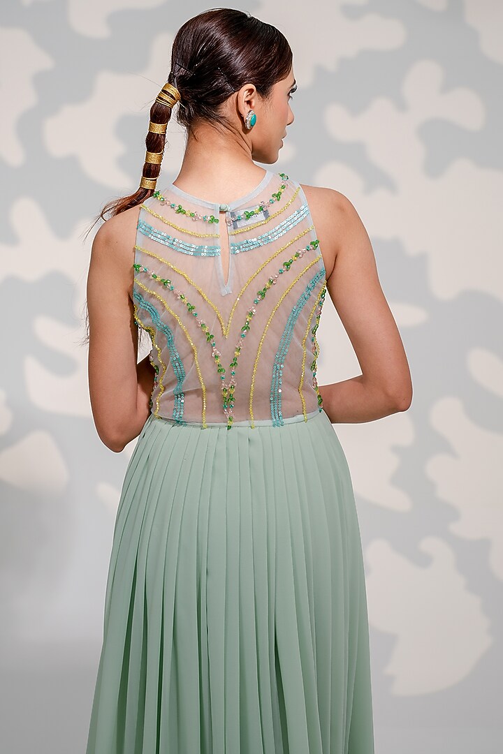 Mint Green Georgette Embroidered Party Wear Gown by Tamaraa By Tahani at Pernia's Pop Up Shop
