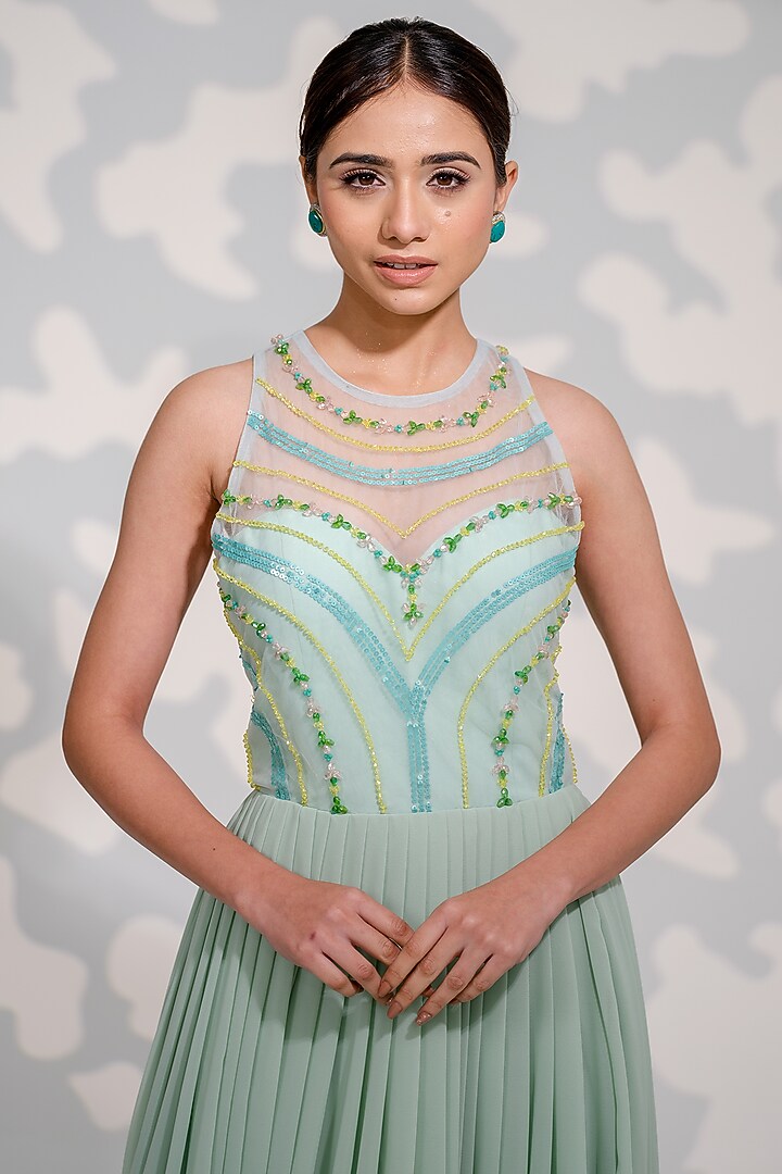 Mint Green Georgette Embroidered Party Wear Gown by Tamaraa By Tahani at Pernia's Pop Up Shop