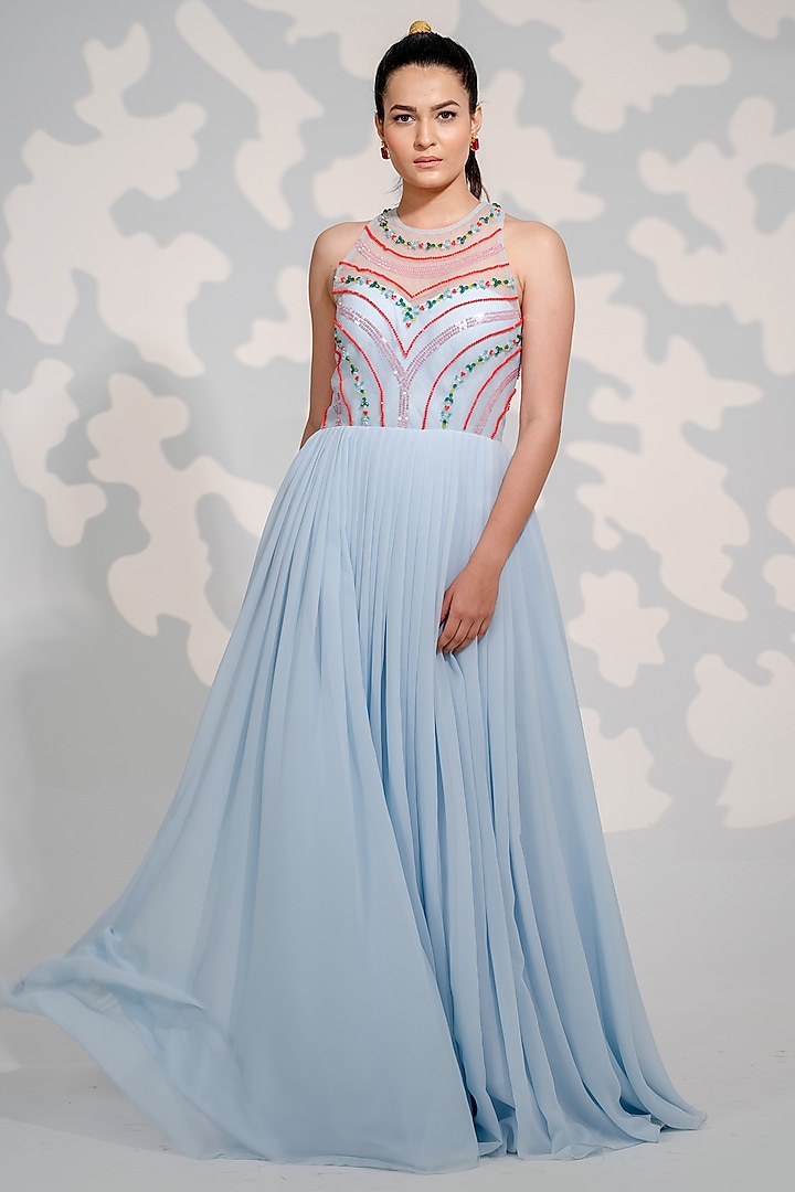 Powder Blue Georgette Embroidered Gown by Tamaraa By Tahani