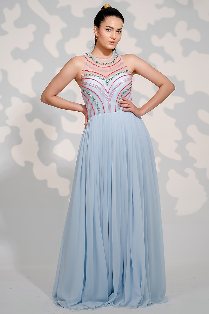 Powder Blue Georgette Embroidered Party Wear Gown by Tamaraa By Tahani at Pernia's Pop Up Shop