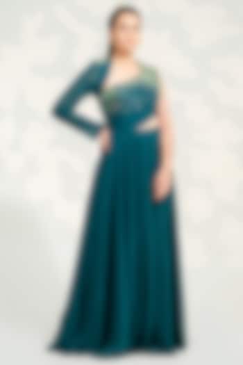 Emerald Green Georgette Embroidered Gown by Tamaraa By Tahani