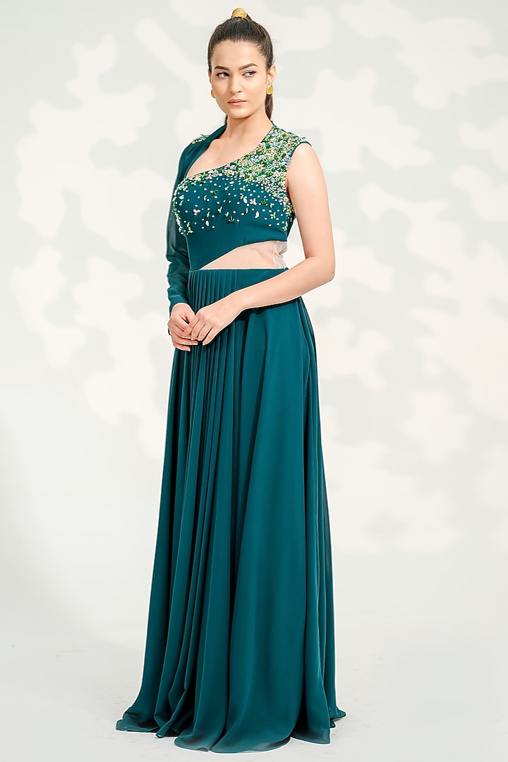 Emerald Green Georgette Embroidered Party Wear Gown by Tamaraa By Tahani at Pernia's Pop Up Shop