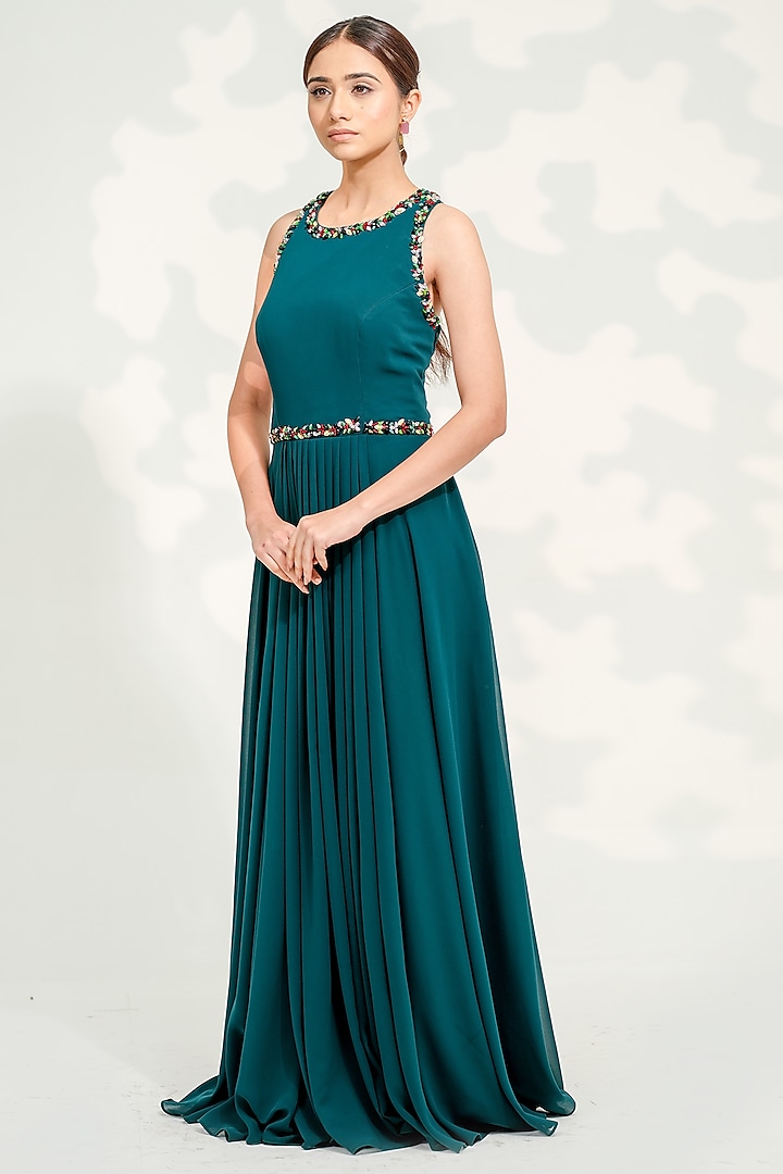 Emerald Green Georgette Hand Embroidered Gown by Tamaraa By Tahani