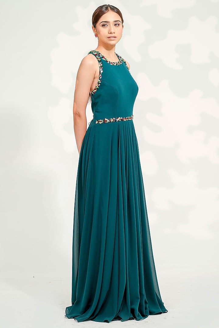 Emerald Green Georgette Hand Embroidered Party Wear Gown by Tamaraa By Tahani at Pernia's Pop Up Shop