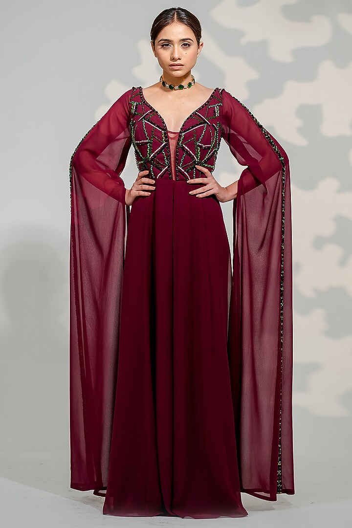 Brinjal Purple Georgette Embroidered Jumpsuit by Tamaraa By Tahani at Pernia's Pop Up Shop