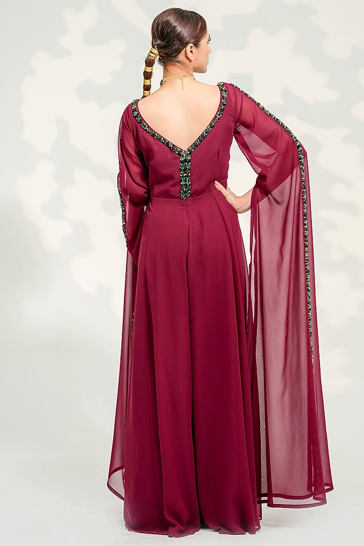 Brinjal Purple Georgette Embroidered Jumpsuit by Tamaraa By Tahani at Pernia's Pop Up Shop