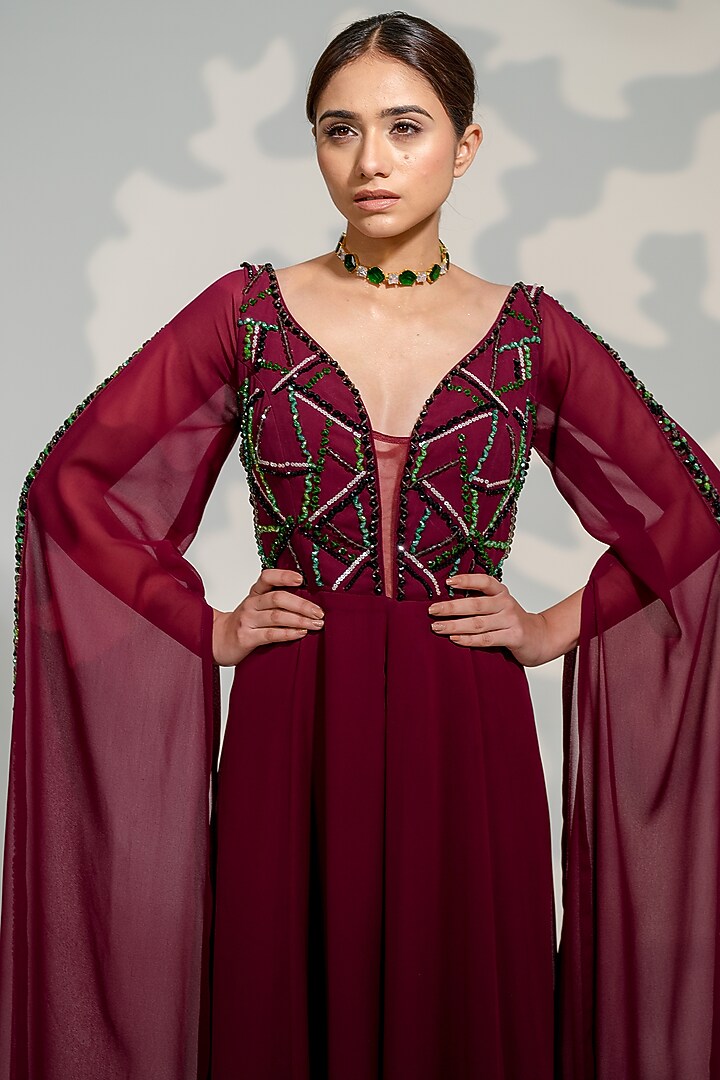 Brinjal Purple Georgette Embroidered Jumpsuit by Tamaraa By Tahani at Pernia's Pop Up Shop